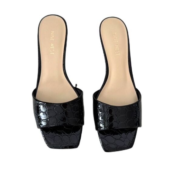 Nine West Black Slides Mules Inya Patent Croc Embossed Size 8 Kitten Heel NEW - Picture 5 of 8